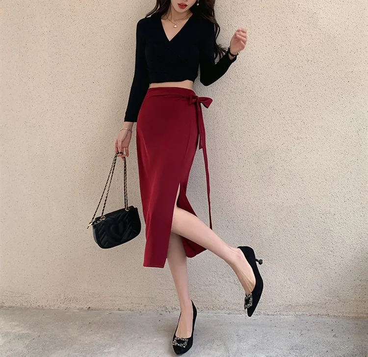 

Women Summer Fashion Casual Wine Red/Black Retro Vintage Bow Decoration Side Slit Slim Fit Midi Acetate Satin Silk Skirt