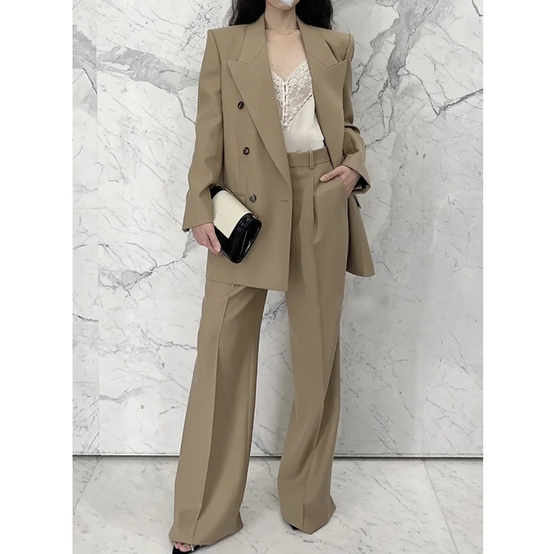 

2023 Summer Fashion Pant Sets Women Runway High Quality Casual Long Sleeve Double Breasted Suit Jacket Loose Wide-leg Pants New