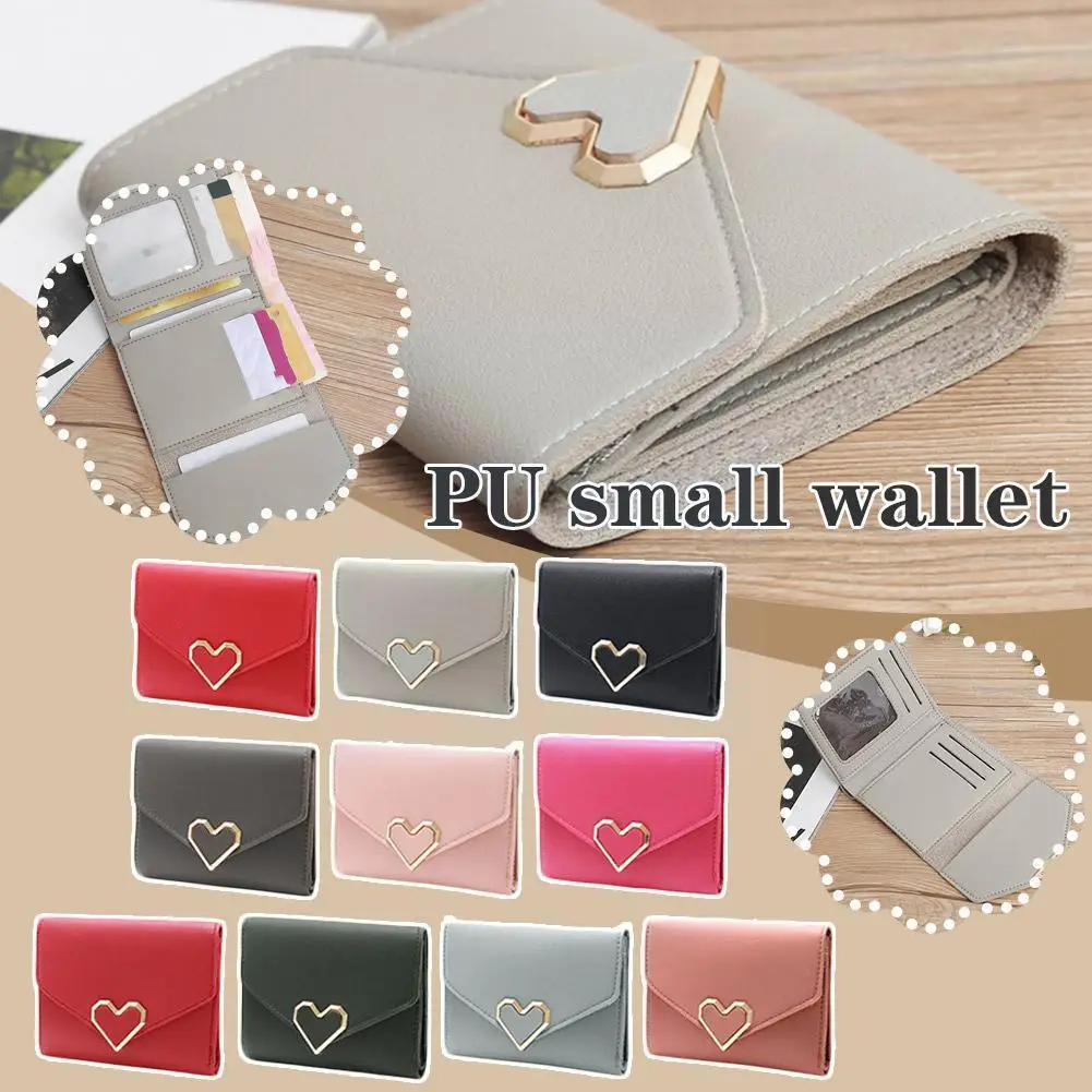 

Women's Cute Pu Leather Heart Shaped Decoration Short Purse Mobile Buckle Women's Multi Clutch Student Card Wallet I2n2