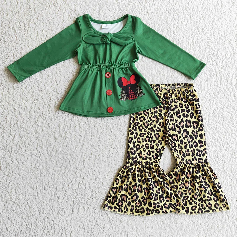 

Boutique christmas tree leopard print green tunic with cow leopard print bell bottom pants wholesale girls clothing sets