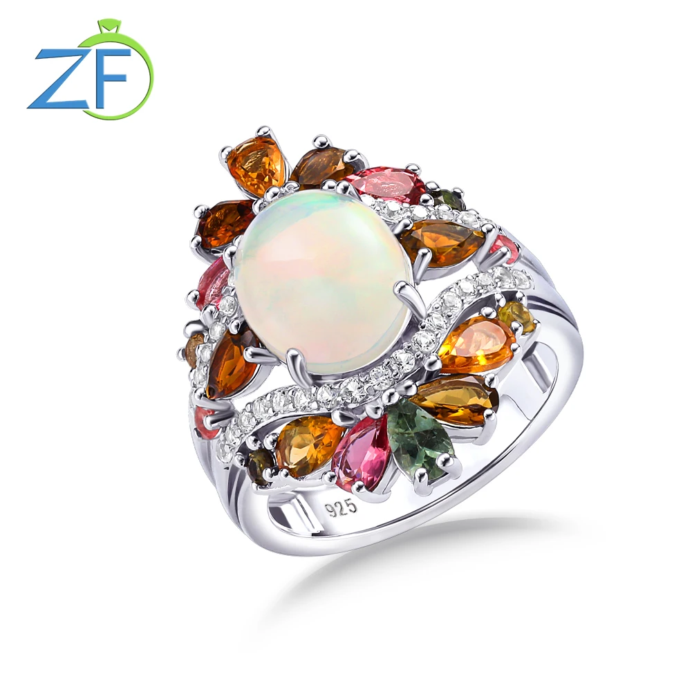 

GZ ZONGFA 100% 925 Sterling Silve Pear Rings for Women Natural Opal Tourmaline Gems 4.8ct Elegant Luxury Party Fine Jewelry