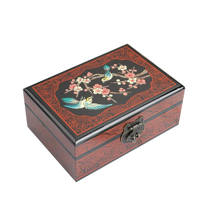 Chinese Wooden Jewelry Box Antique Pattern Push Light Lacquer Makeup Box Vintage Jewelry Display Storage Case Wedding Gifts