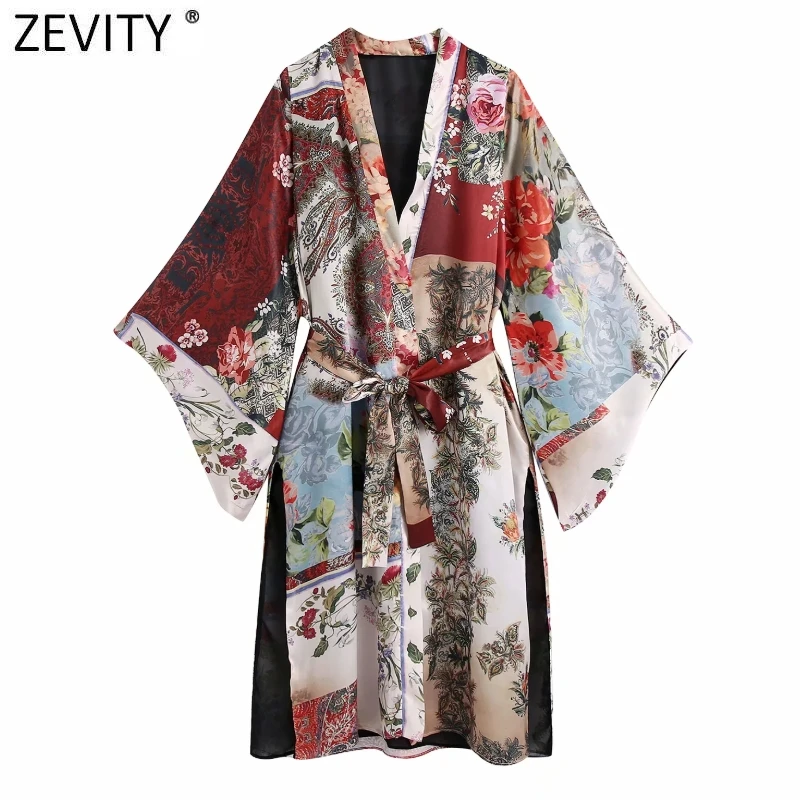 

Zevity Женская винтажная рубашка в стиле пэчворк с цветочным принтом с разрезом сбоку женская рубашка с поясом кимоно блузка Шикарные Длинные ...