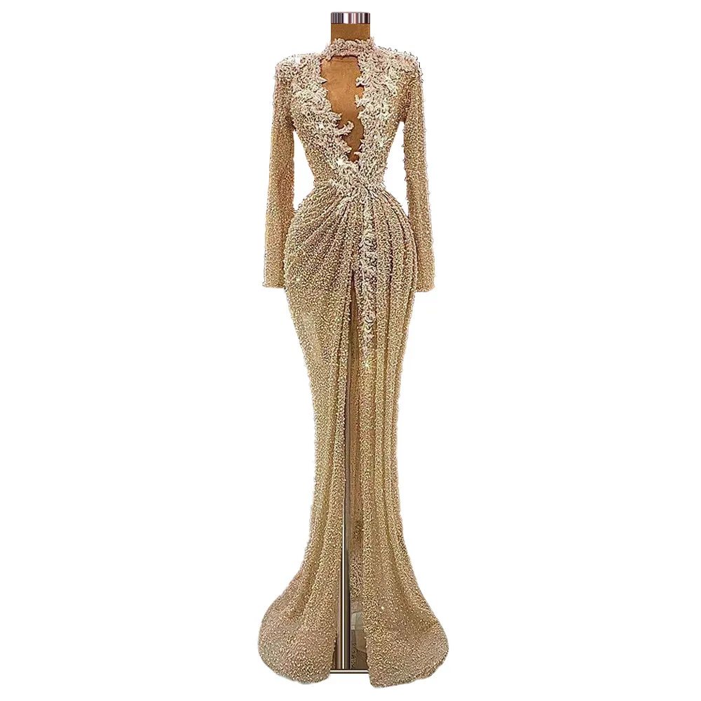 

Sequins Prom Dresses Mermaid Long Sleeves Appliques Dubai Saudi Arabia Prom Gown Evening Dress Robe De Soiree Haute Couture