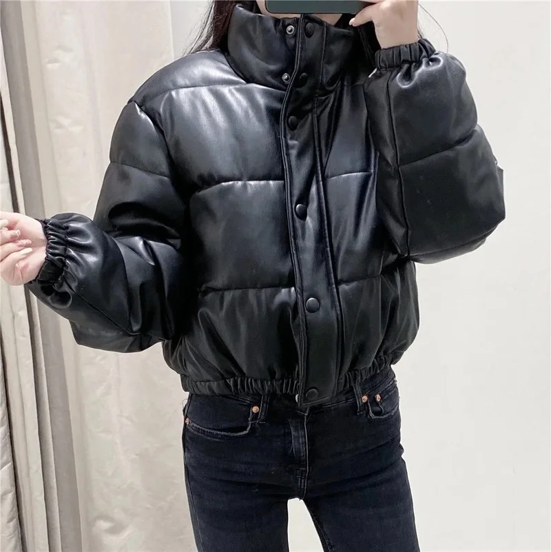 Women Fashion Black PU Leather Coat 2021 Winter Thick Warm Short Parkas Female Elegant Zipper Button Cotton Padded Jacket Ladies