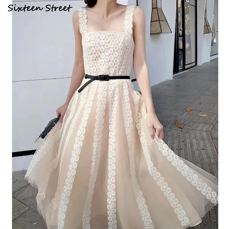 

Vintage Apricot Lace Dress Women Spaghetti Strapped High Waist Vestido Women Clothing Sleeveless Elegance Designer Dress Female