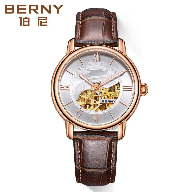 BERNY Skeleton Watches for Men Automatic Mechanical Watch Self Winding Sapphire Citizen 8N24 Luxury Gold Wristwatch Waterproof