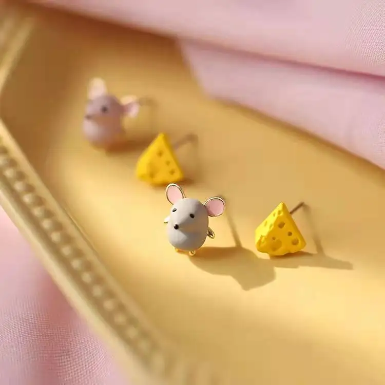 Детские креативные серые кубики мыши и сыра милые серьги-гвоздики для девочек
