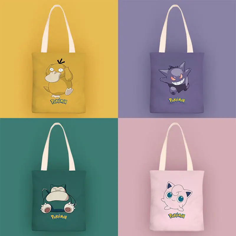 

New Pokemon Pikachu Psyduck Bulbasaur Gengar Small Fresh Canvas Bag Women's Anime Cartoon Shoulder Bag Simple Student School Bag