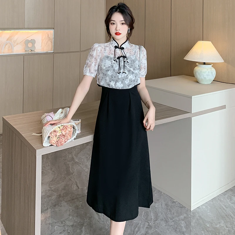 

Summer New Chinese Vintage Qipao Spaghetti Dress and Short Sleeve Jacquard Plate Button Cover Two Piece Set Female 2pcs Suits