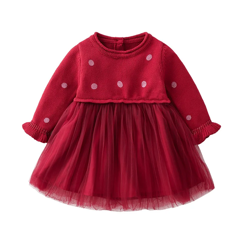 

Spring and Autumn New Kids Clothing Children's Gauze Dress Knitting Dot Infant Long Sleeve Dress Outing Baby Girl Clothes