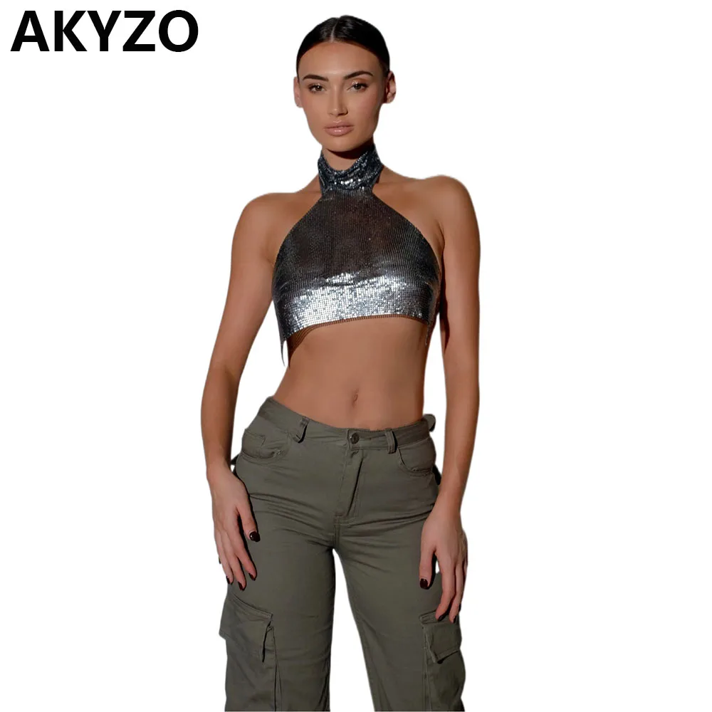 AKYZO High Neck Crop Sequin Top Metal Sparkly Open Back With Rxposed Belly Button T-shirt Party Bar Vest