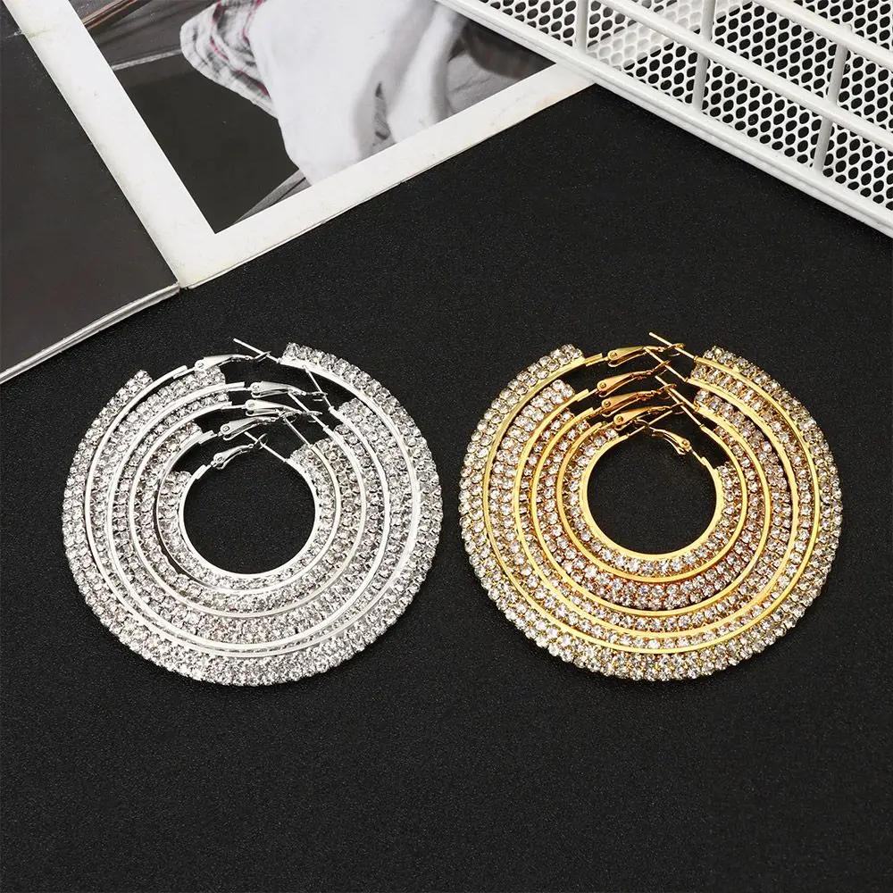 

Fashion Double Row Rhinestone Gold Silver Shiny Drop Earrings Crystal Hoop Earrings Ear Stud Dangle Jewelry