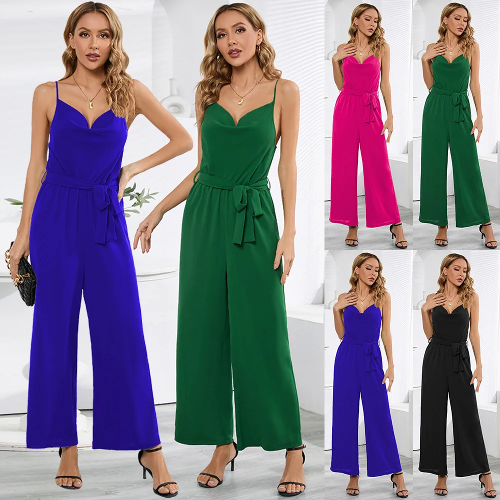 Summer Casual Suspenders Women Jumpsuits Sleeveless Straight-leg Pants Clothing Wear Sexy Wrap Chest Backless Female Jumpsuit