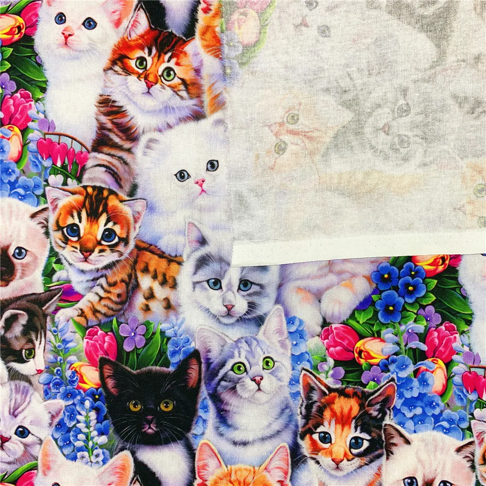 100% хлопчатобумажная ткань с розовыми мультяшными кошками семейный узор цифровым