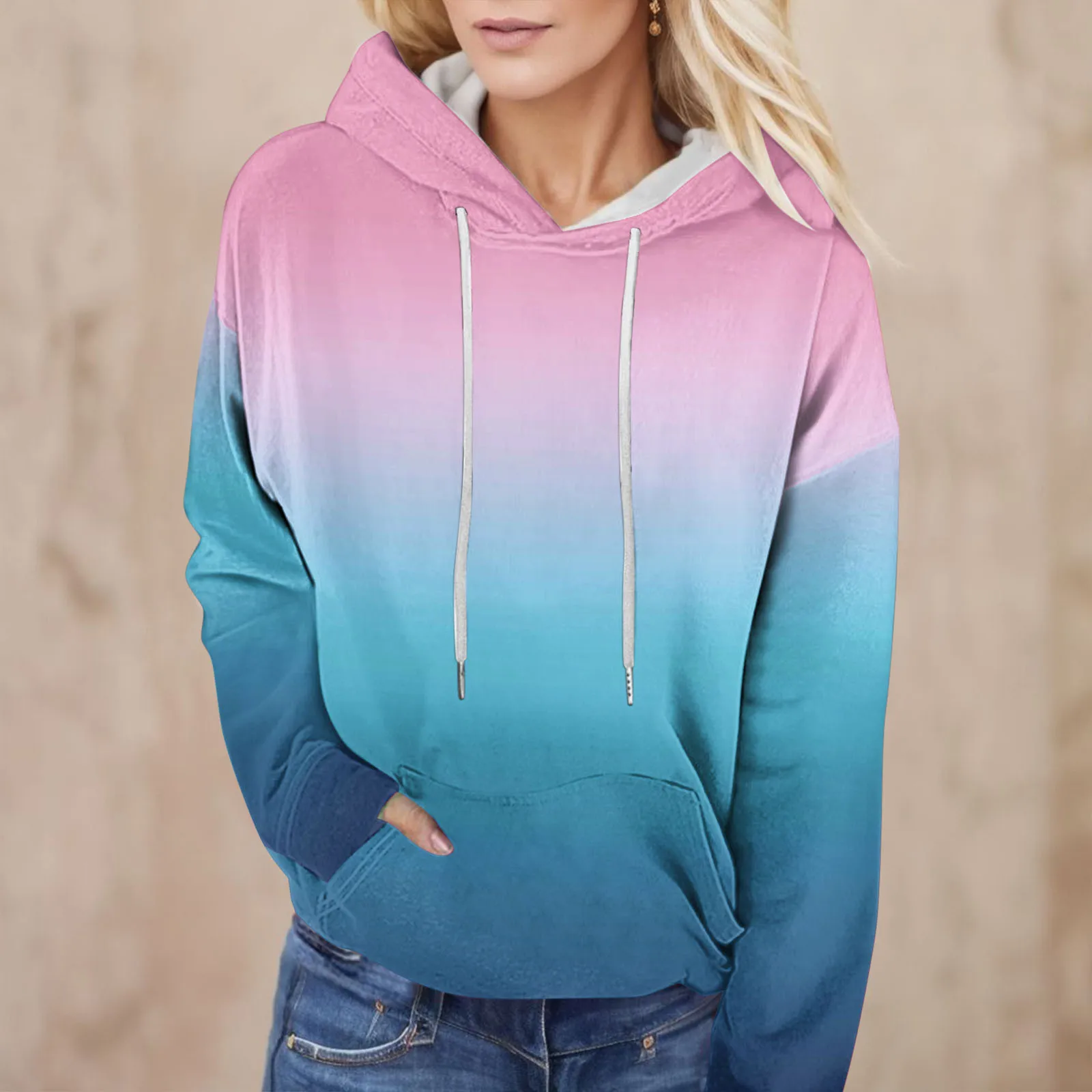 

Women Color Gradient Hoodies Loose Sweatshirts Long Sleeve Hooded Pullover Rainbow Clothes With Pocket Retro Grunge Aesthetic