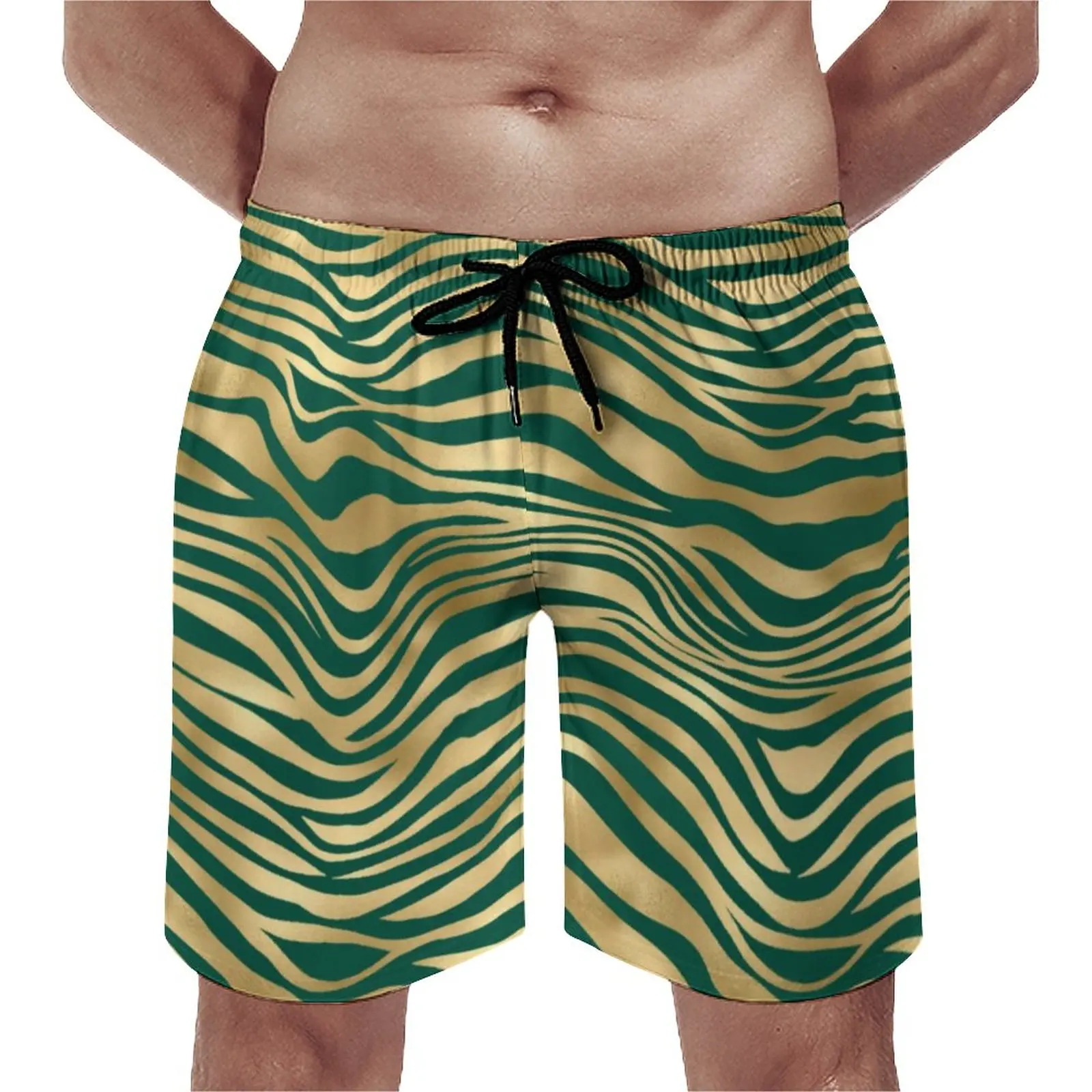 

Green Gold Zebra Board Shorts Animal Striped Sports Fitness Board Short Pants Comfortable Casual Design Oversize Beach Trunks