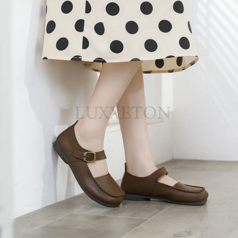 Genuine Leather Mary Jane Shoes For Women Spring Luxury Designers Handmade Sewing Soft Sole Buckle Ladies Retro Shoes