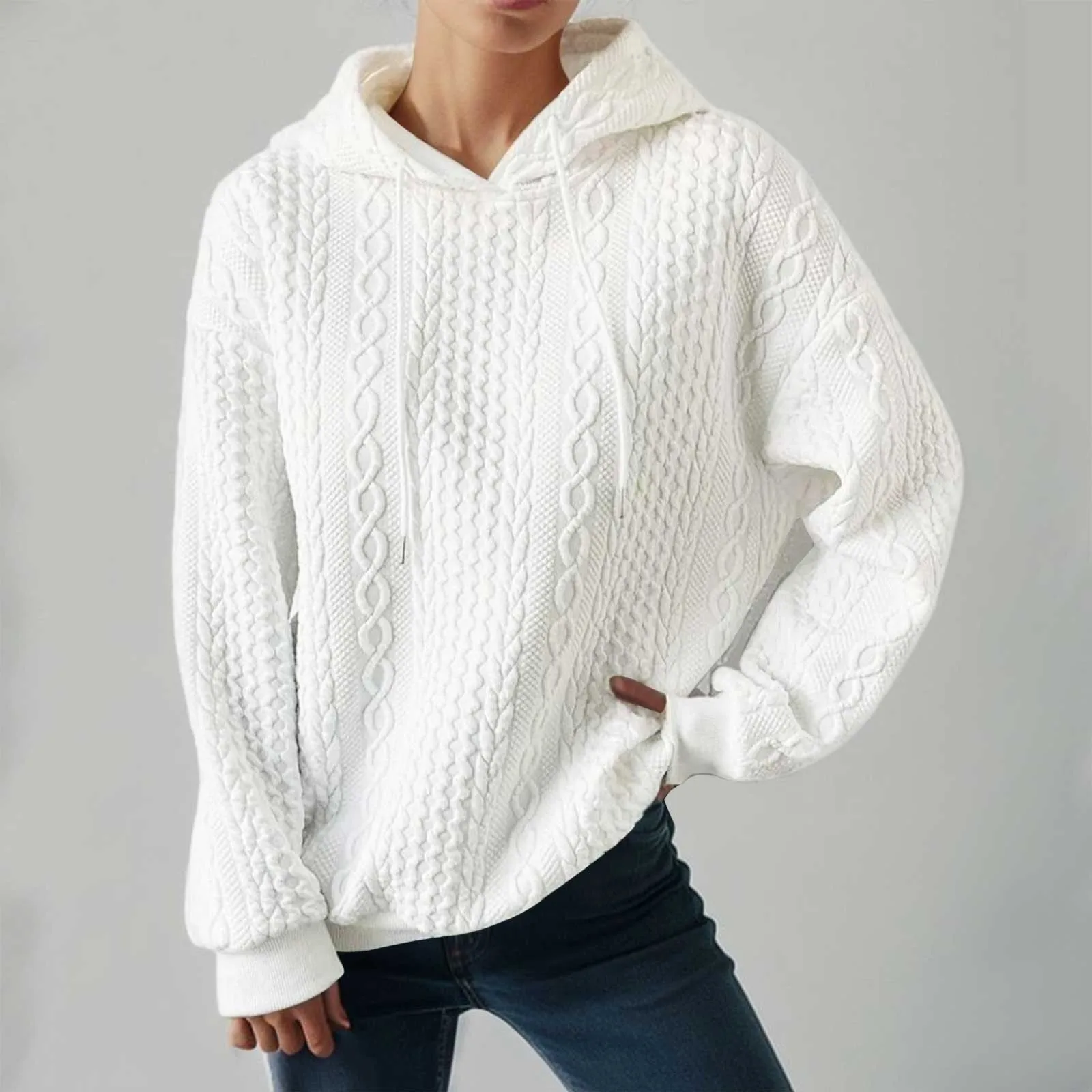 

Fashion Casual Solid Hoodies Drawstring Pullover Sweatshirts Autumn Women Long Sleeve Jacquard Pattern Knitted Jumper Hoodie