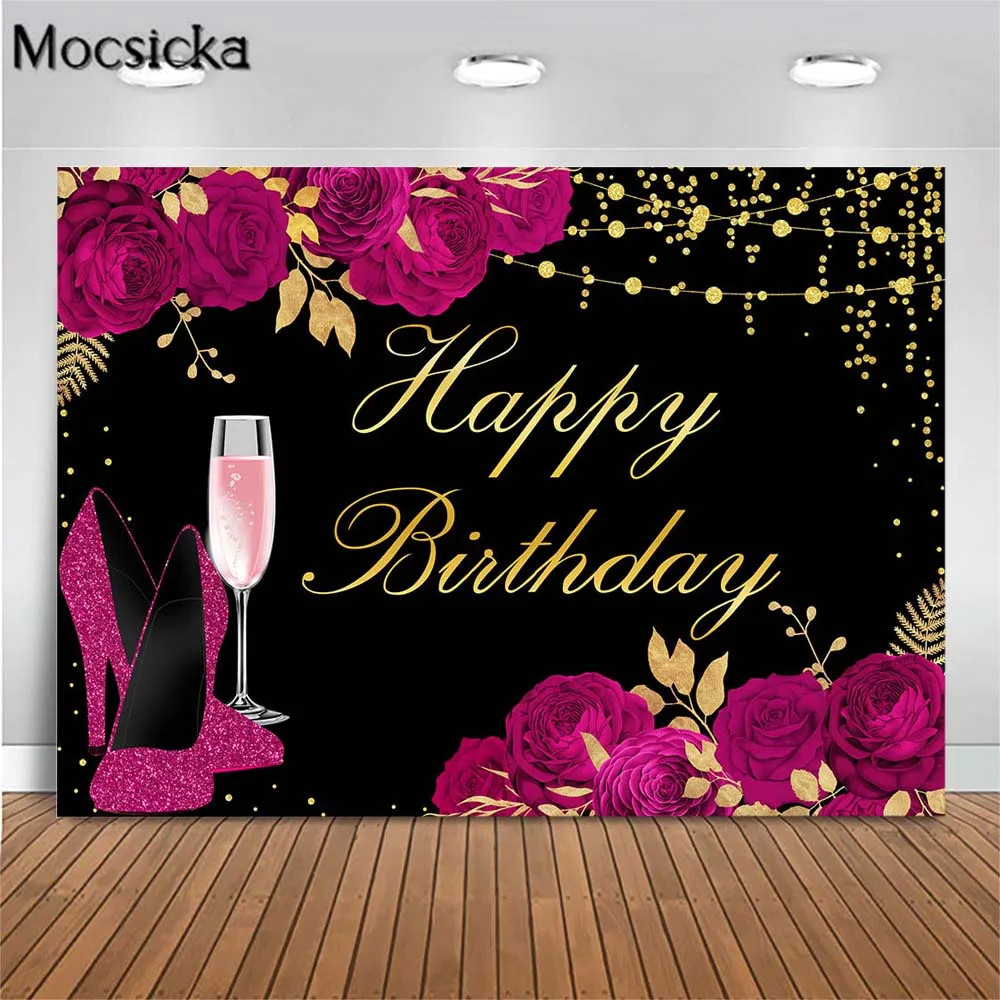 

Mocsicka Women Birthday Photo Background Rose Red High Heel Flowers Gold Dots Custom Banner Party Photography Backdrop Photocall