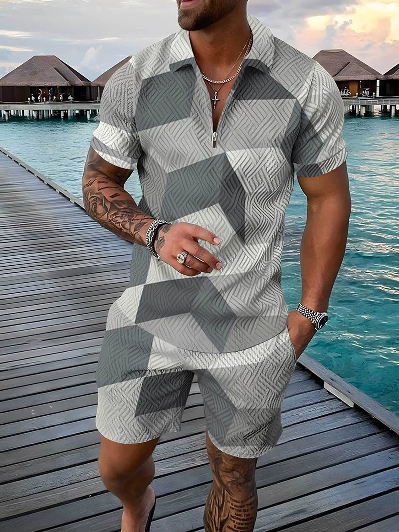 

Мужской спортивный костюм, Повседневная летняя рубашка-поло с коротким рукавом и шорты, комплект из двух предметов, Мужская одежда, уличная ...