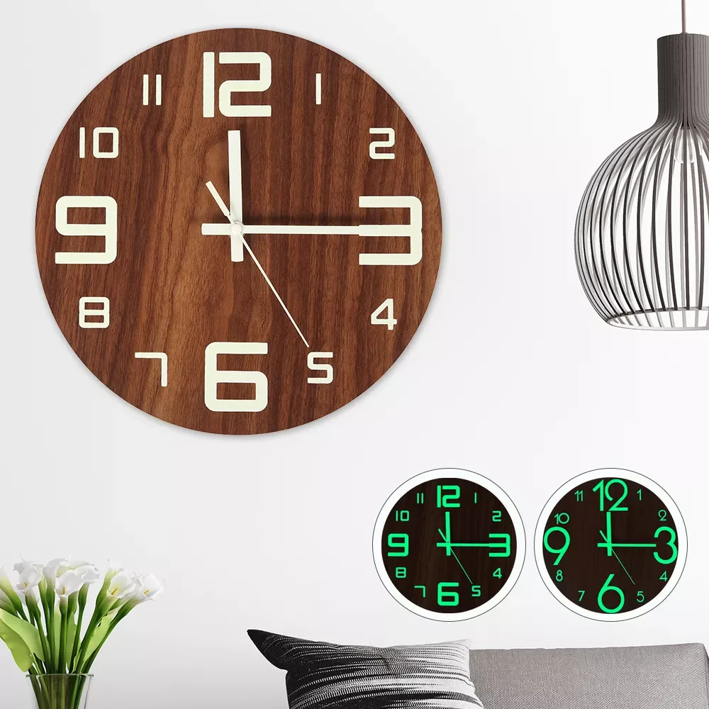 

Luminous Wall Clock,12 Inch Wooden Silent Non-Ticking Kitchen WallClocks With Night Lights For Indoor/Outdoor Living Room