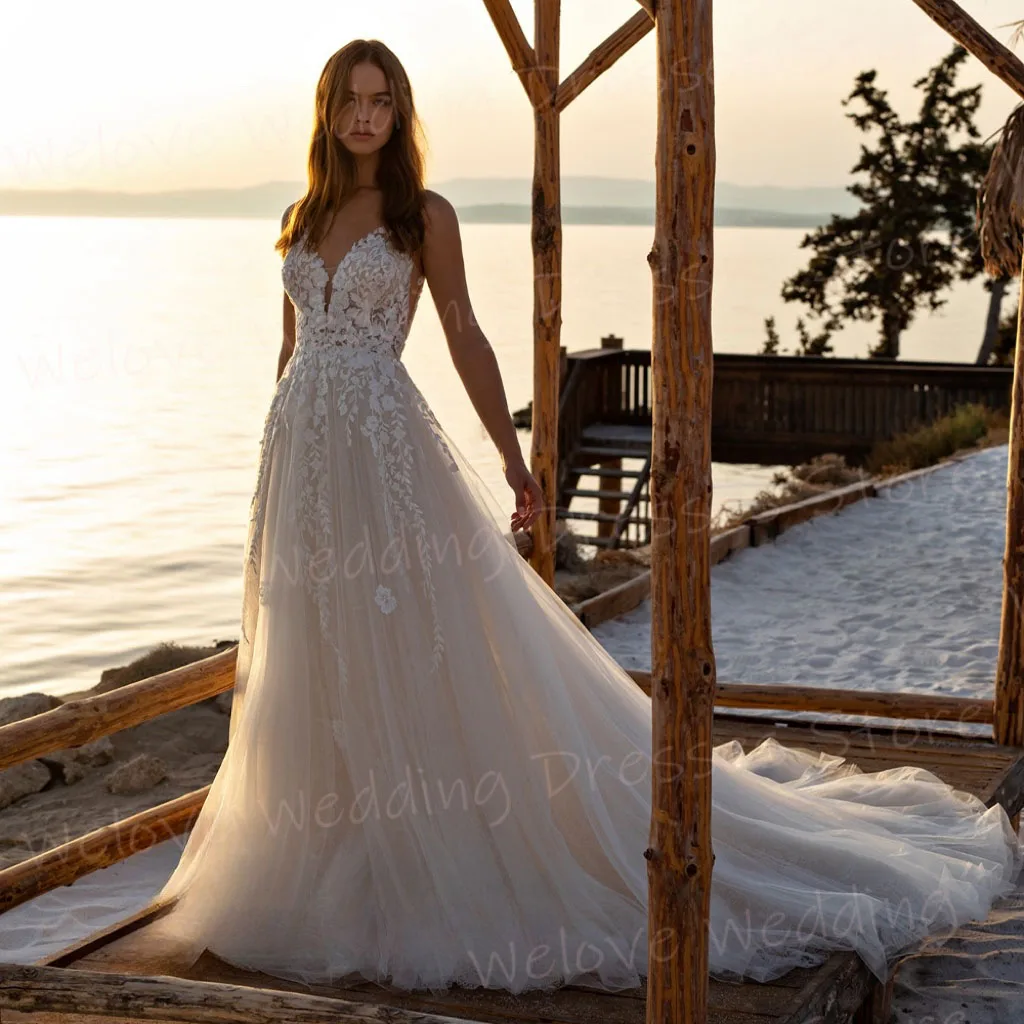 Изысканные трапециевидные женские свадебные платья современные кружевные