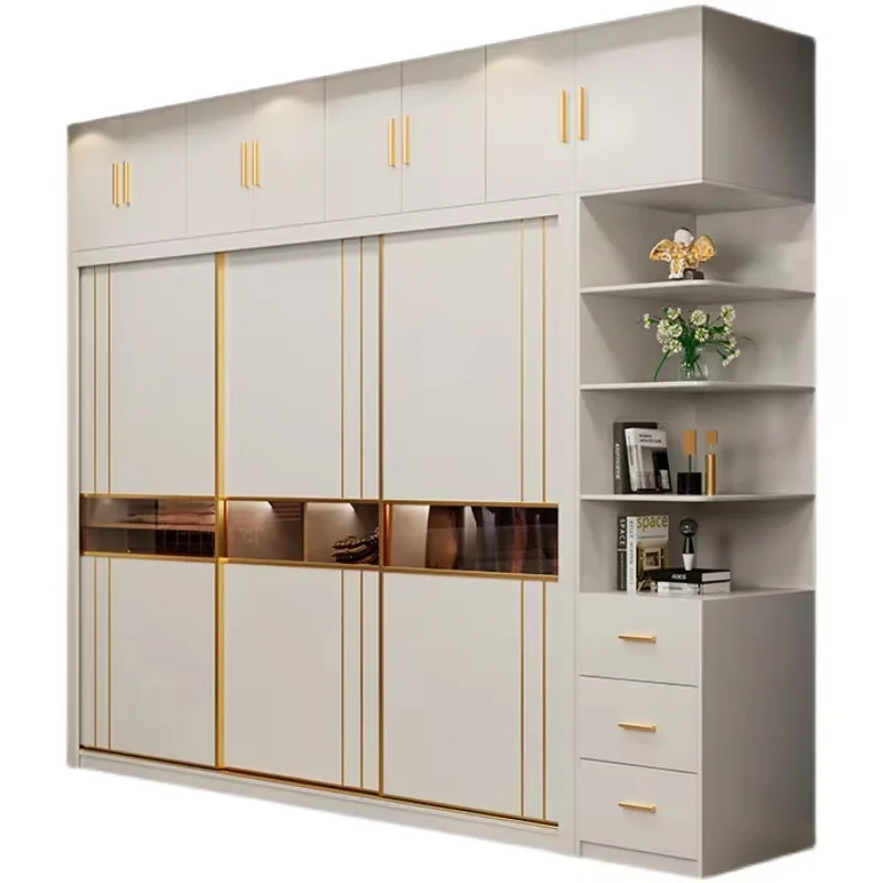 

Solid Wood Multilayer Sliding Door Wardrobe Household Light Luxury Wardrobe with Side Cabinet