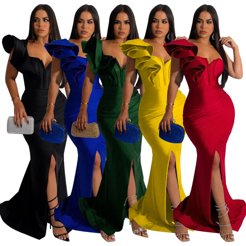 

WUHE Ruffles One Shoulder Sexy High Split Party Bodycon Maxi Dress Women Elegant Backless Evening Wedding Nightclub Long Dresses