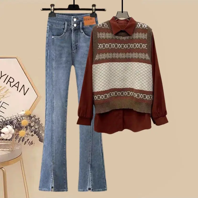 Женский винтажный трикотажный комплект из трех предметов красный жилет рубашка