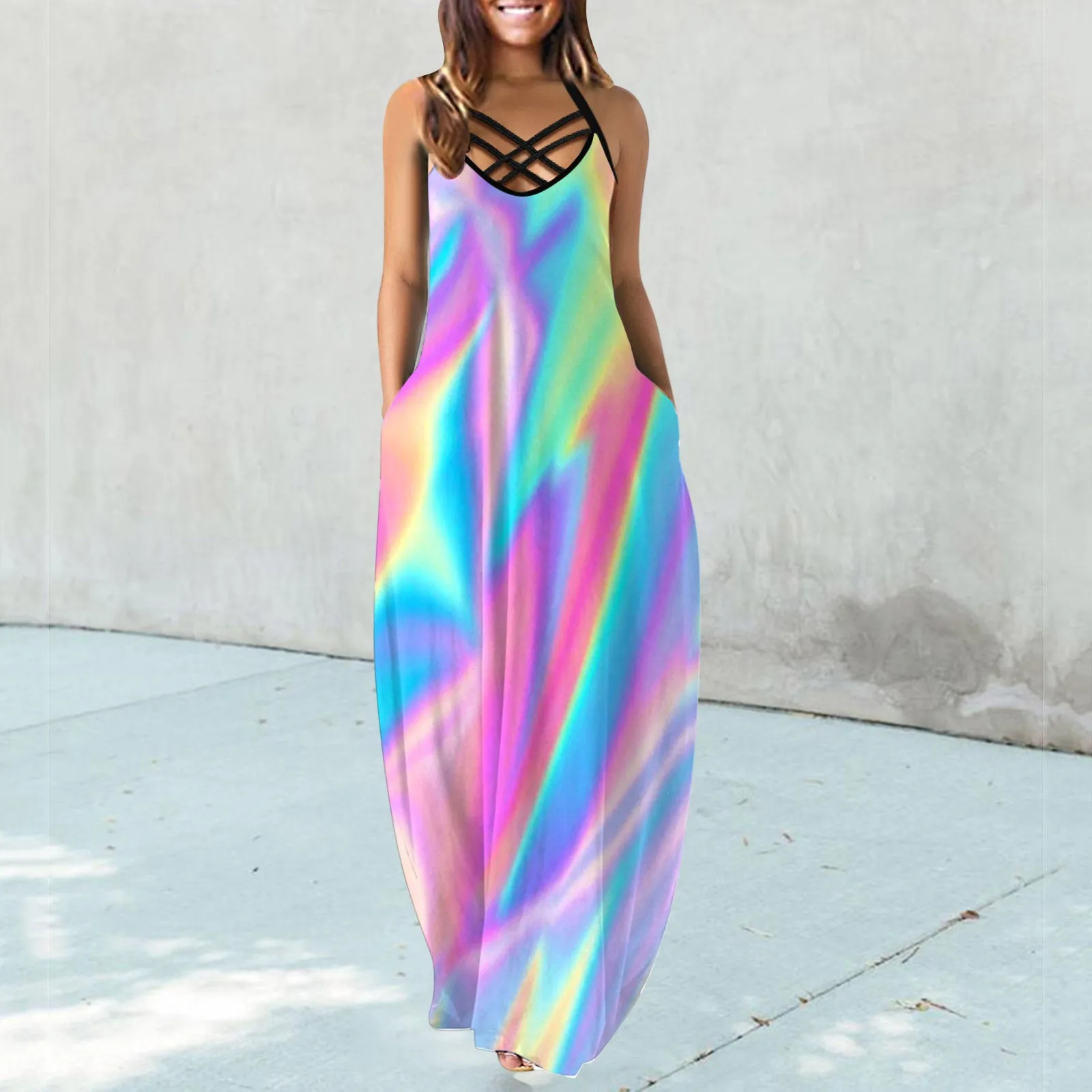 

Женское длинное платье без рукавов, свободное пляжное платье с V-образным вырезом и цветочным принтом, лето 2020