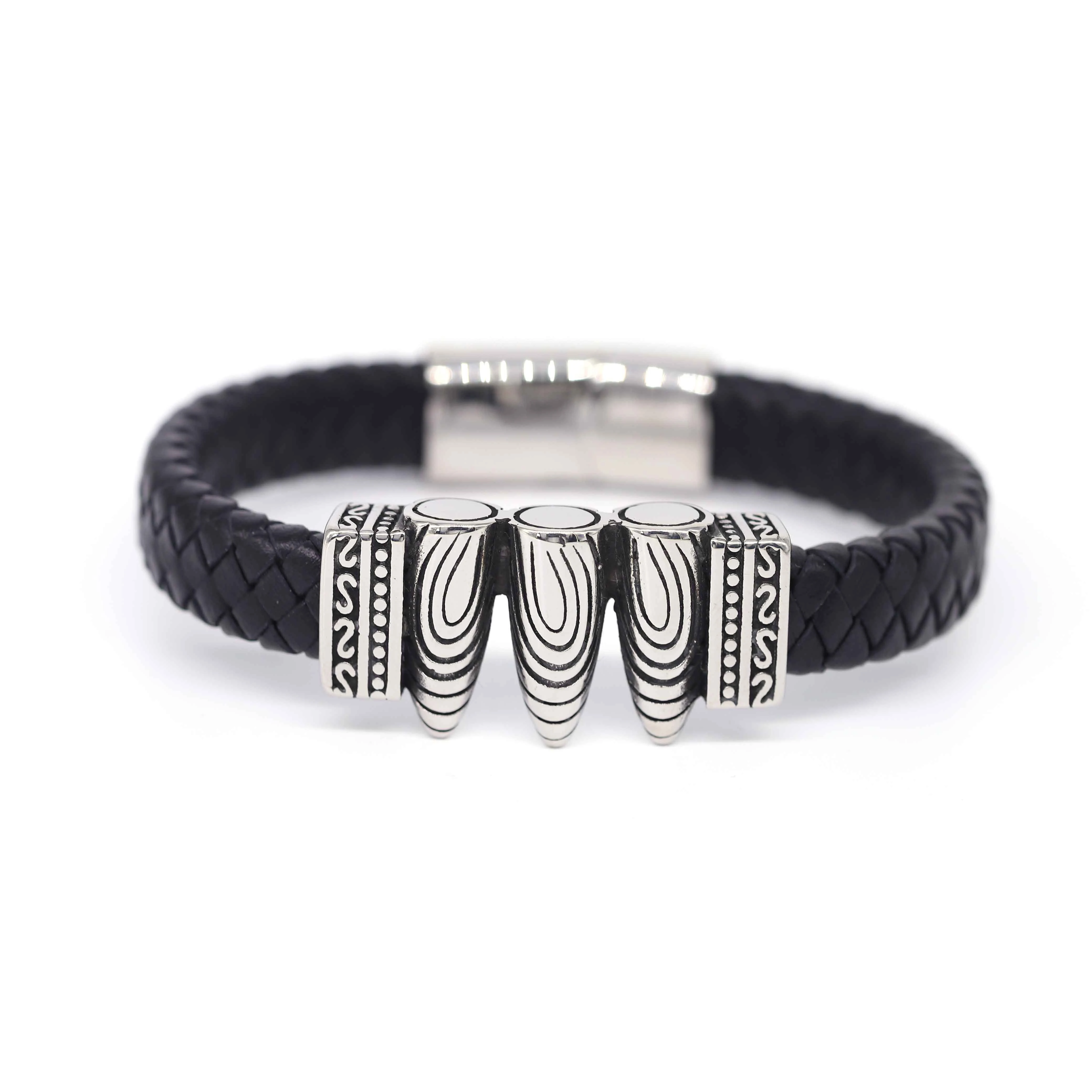 

Wholesale Fashion Jewelry Bracelets 12mm Black Braided Bullet Vintage Leather Viking Stainless Steel Bracelet Punk Bracelet Men