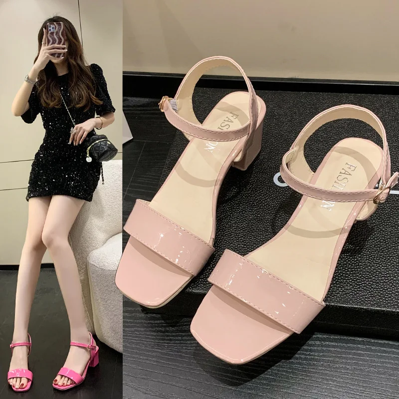 Buckle Square Plus Size Sandals Women 2023 Summer Solid Sandalias Korean Version Platform De Mujer Verano Toe Thick High Heels