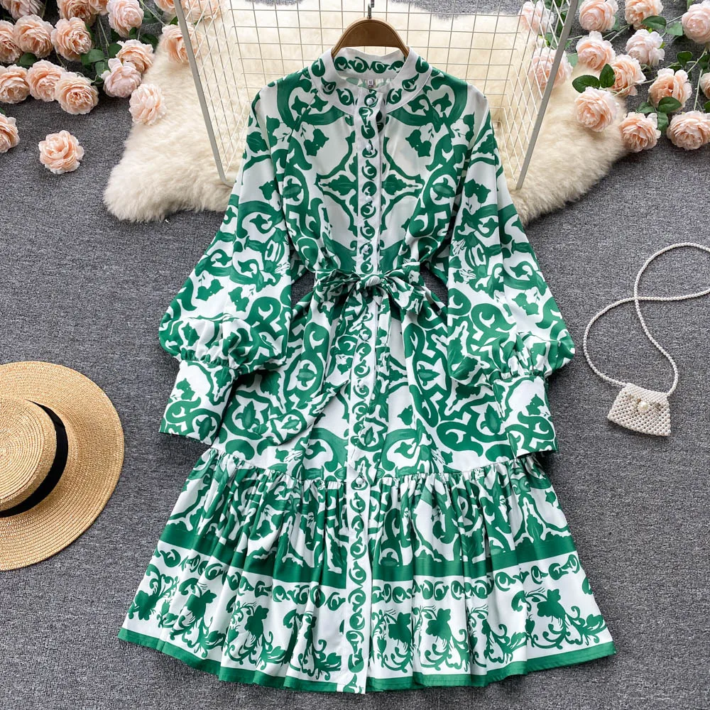

Fashion Designer Runway Dress Spring Autumn Women Long Lantern Sleeve Single Breasted Floral-Print Lace-Up Mini Dress S5929
