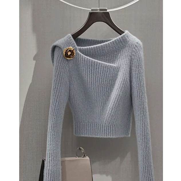 Осень 2024 новинка облегающий короткий дизайнерский свитер с наклонными плечами