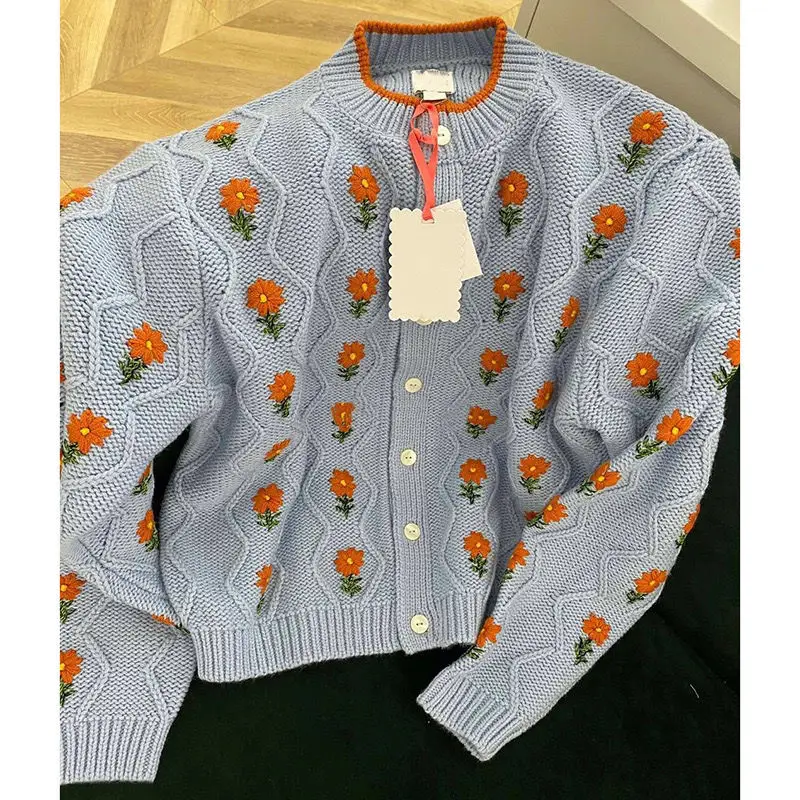 

Floral Embroidery Knitted Cardigans Fall Spring O-Neck Flowers Crocheted Sweater Coat Geometry Knitwear Long Sleeve Sueter Tops