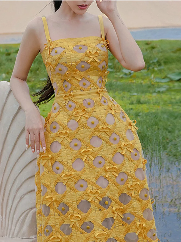 

SMTHMA 2023 New High-end Fashion Sexy Spaghetti Strap Summer Dress Women's Three-Dimensional Bow Hollow Out Design Runway Dress