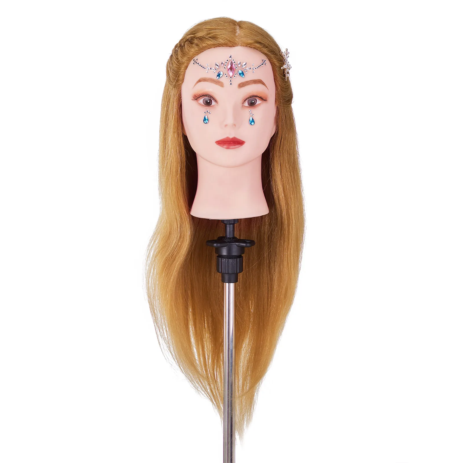Cabeza de Maniquí de pelo humano Real para peluquería profesional, cabeza de muñeca de cosmetología para entrenamiento de cabello, estilismo para peinados, 24 