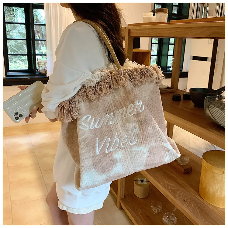 Handbag Woman Bag Design Tie Dye Color Travel Beach Tote Bag Tassel Letter Embroidery Fashion Large Capacity Shoulder Bags 2023