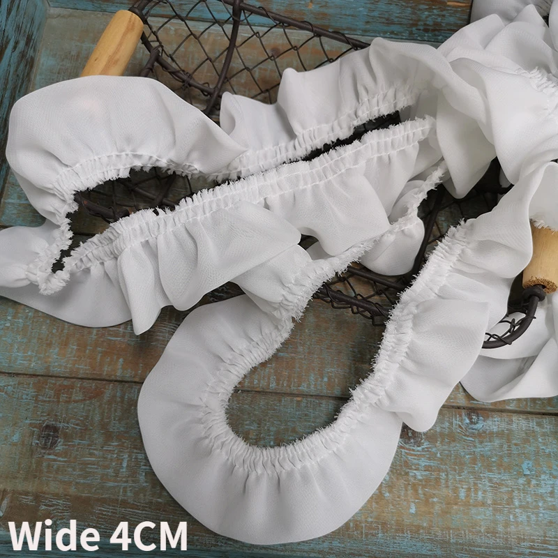 

4CM Wide White Double Layers Wrinkled Chiffon Lace Fabric Needlework Ruffle Trim Frilled Ribbon Dress Collar Cuffs Sewing Decor