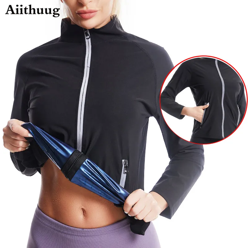 Aiithuug Sauna Body Shaper Corset Sauna Suit Hot Sweat Tummy Slimmer Workout Jacket Top Full Zip Up Polyester Sweating Top Women