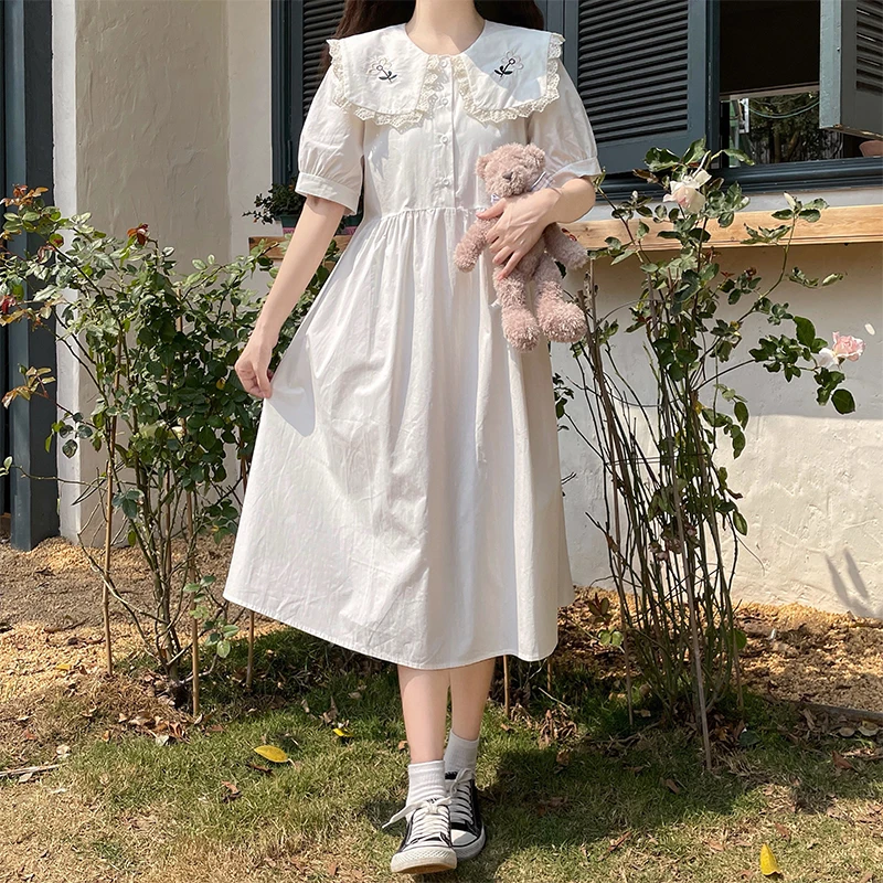 

New Summer Janpanese Preppy Style Fashion EmbroideryTurn-down Collar Brief Dress Women Sweet Cute Dresses Elegant Girl Clothing