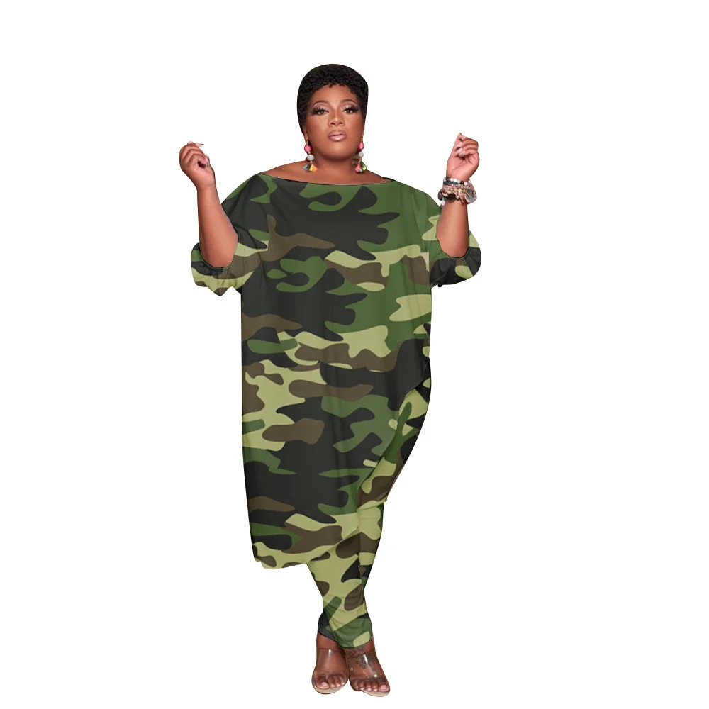 Plus Size Autumn Style Trendy Women Clothing Tracksuit Womens Long Loose Camouflage Oblique Shoulder Wholesal 3xl 4xl 5xl 6xl