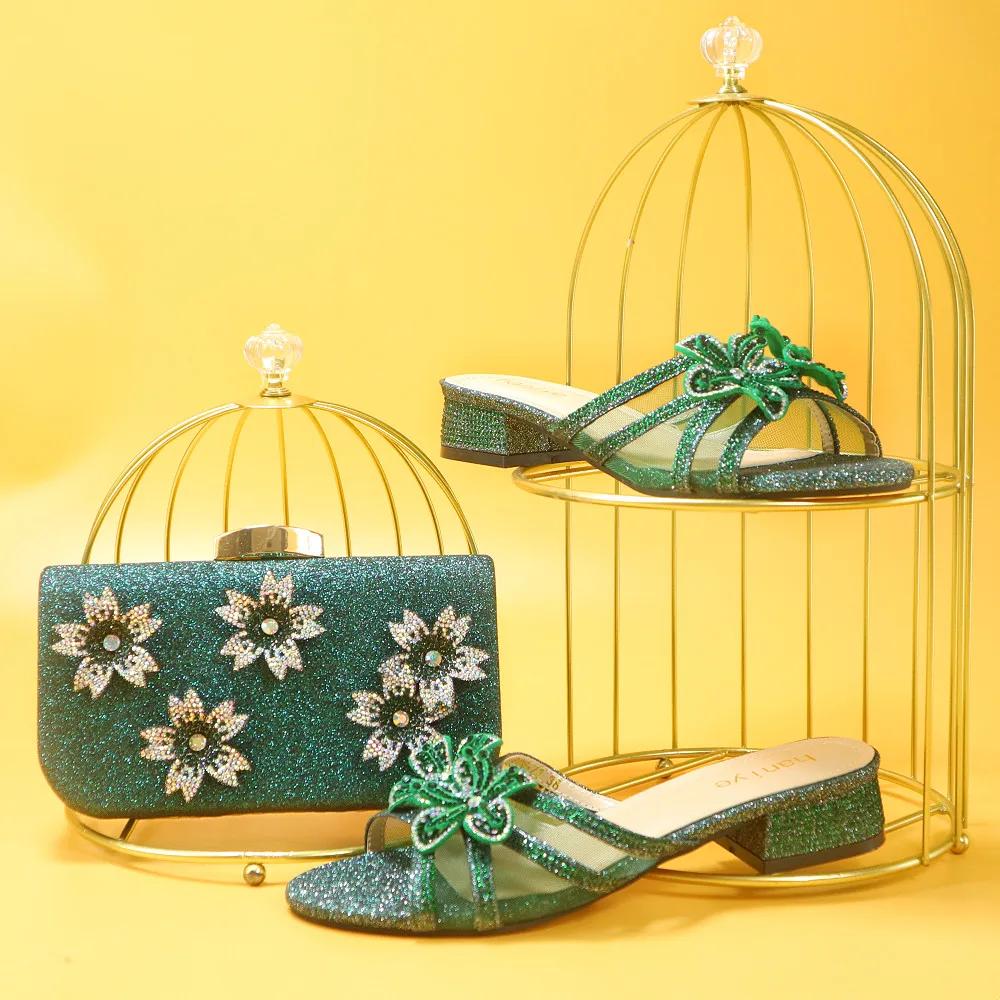 Сандалии для свадебной вечеринки с зелеными цветами 2022 блестящий кошелек клатч