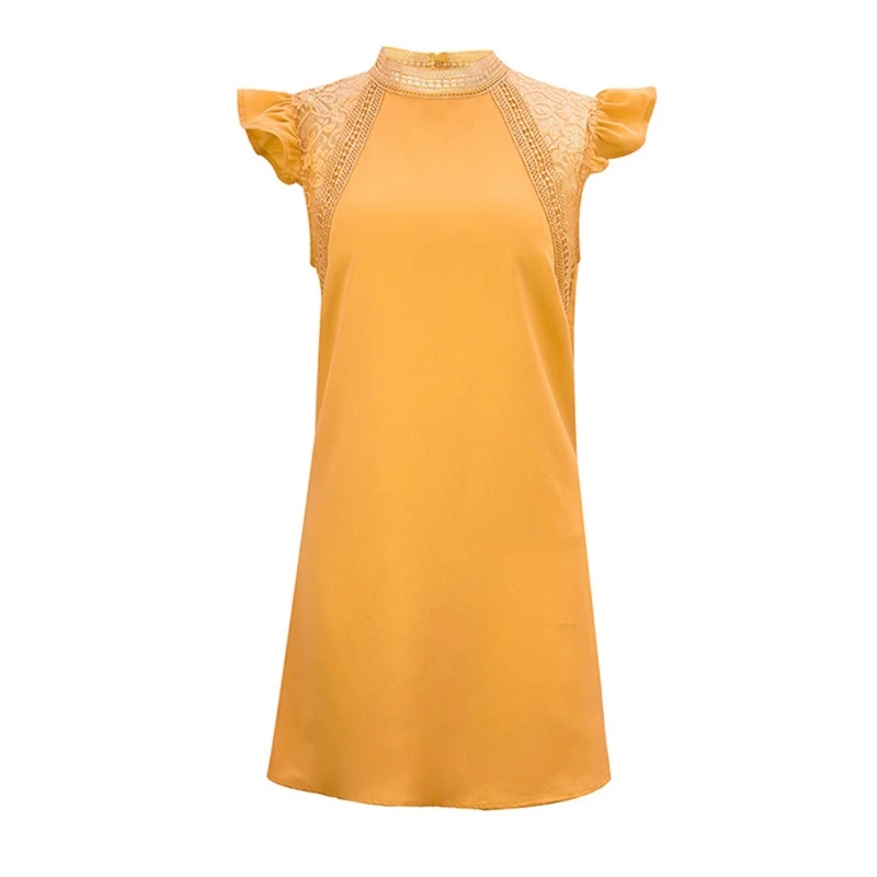 

Women Short Sleeve Stand Collar Lace Patchwork Solid Elegant Straight Dress U4LF