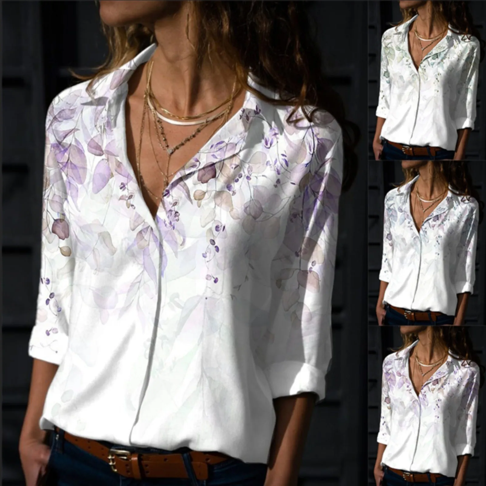 

Рубашка женская с цветочным принтом, модная блузка на пуговицах, топ с рукавами-воланами, с V-образным вырезом, в офисном стиле, на лето