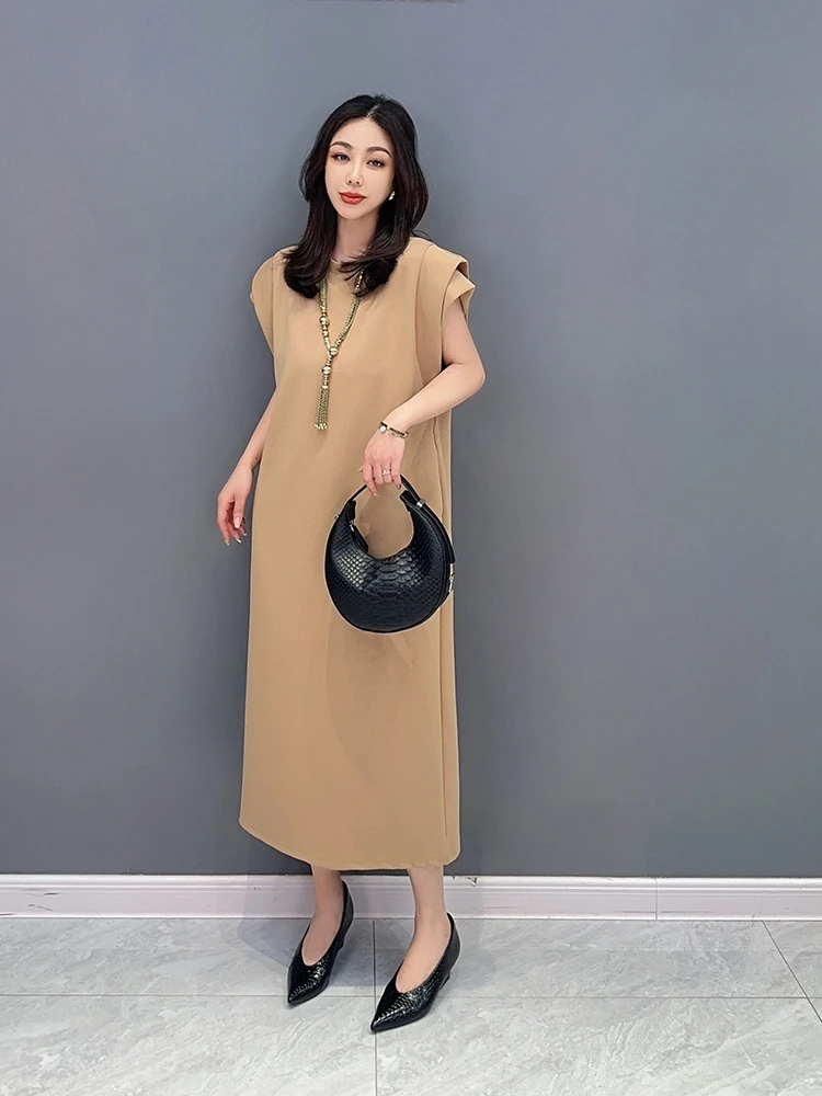 

SuperAen 2023 Summer New Korean Casual Thin Solid Color Dress Women Straight Ruffles Sleeve Long Dress