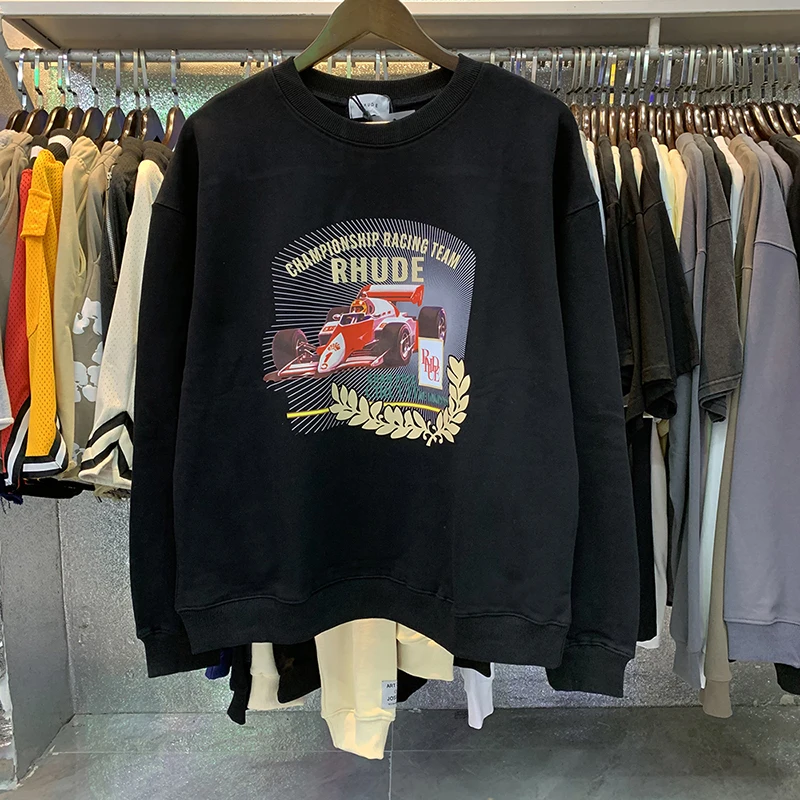 

RHUDE Pullover Black Cotton Terry Casual Print Racer Men Women 1:1 Rhude Oversize Sweatshirt