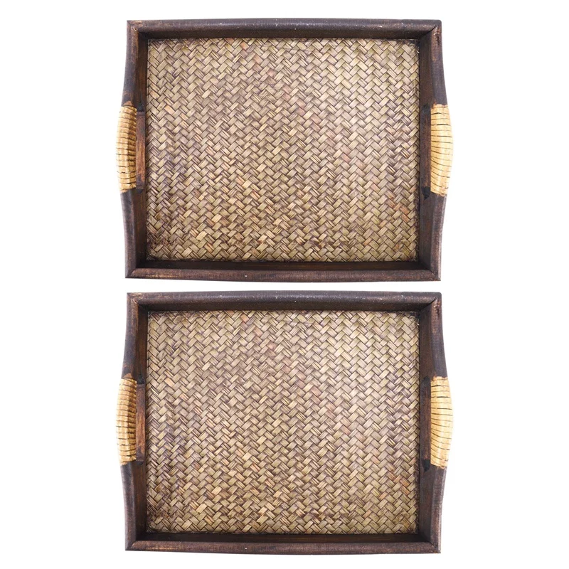 

2X Multi-Functional Wooden Serving Trays With Handle Rectangle Handmade Rattan Bamboo Tea/Fruits Plate 30.5 X 23 X 3.8Cm