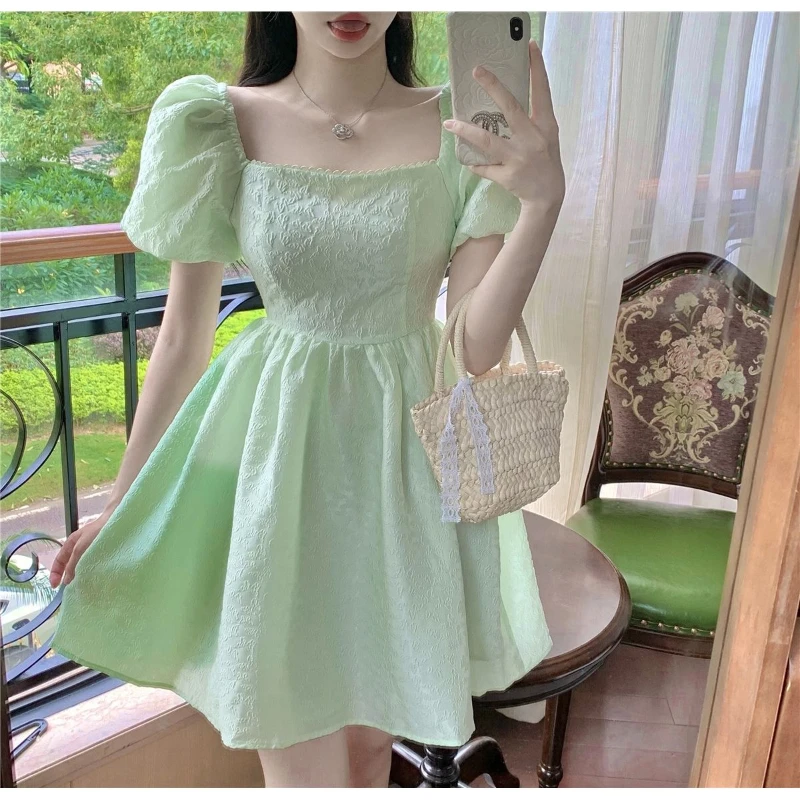 

2023 French Gentle Green Vinatge Mini Dress Women's Summer Sweet Waist Princess Dresses Korea Fashion Office Lady Elegant Dress